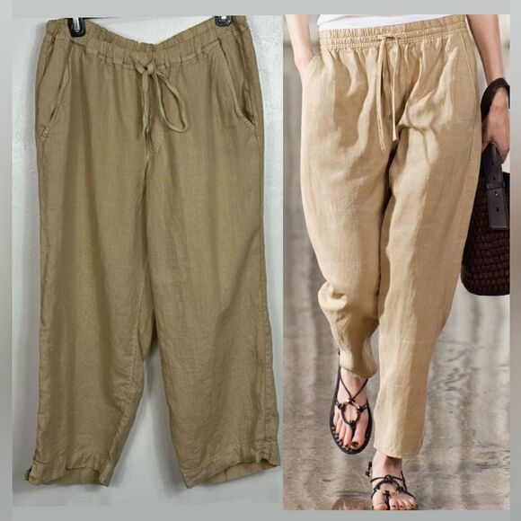 Fresh Produce Linen Beige Straight Leg Drawstring Waist Pants Size L - Picture 1 of 9